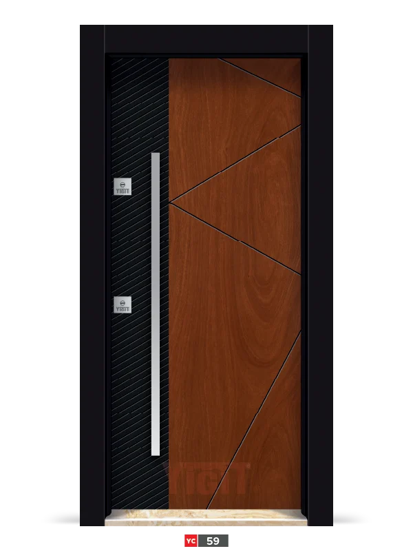 باب فولاذي فاخر أنثراسيت بنمط هندسي وتفاصيل خشب جوز YC-59