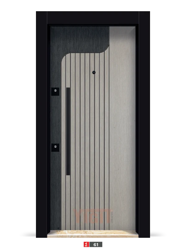 Dikey oluklu gri ve siyah detaylı modern apartman giriş kapısı YC-61